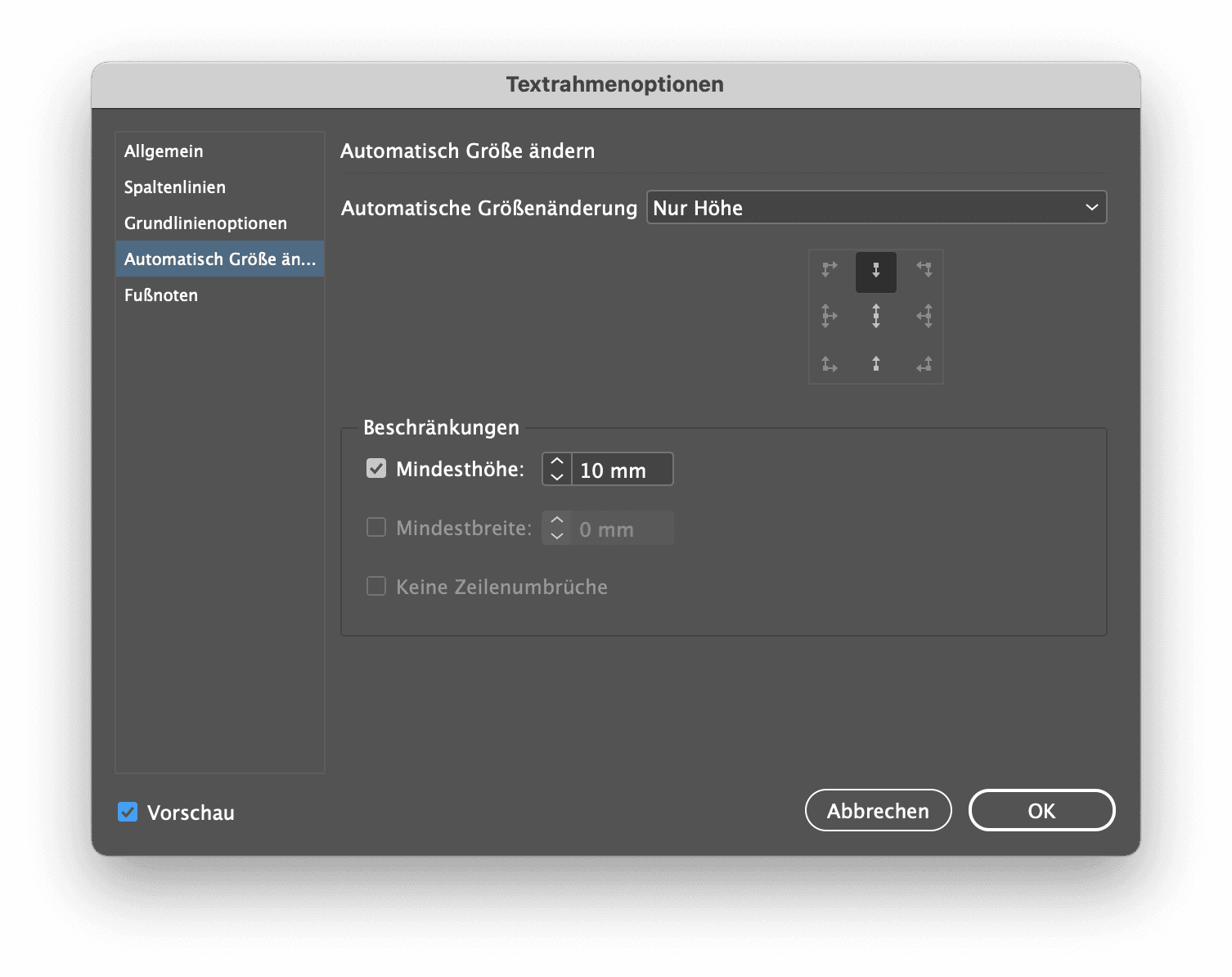 Automatische Grössenänderung mittels Textrahmenoptionen